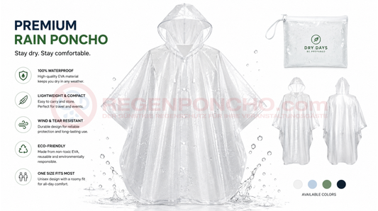 Hochwertiger transparenter Regenponcho mit Wassertropfen in modernem Produktdesign auf weißem Hintergrund.