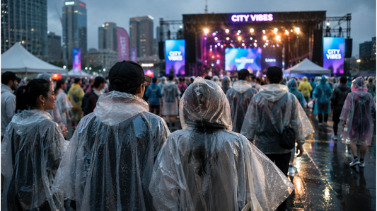 Besucher mit transparenten Regenponchos bei einem verregneten Stadtfestival vor einer beleuchteten Konzertbühne.