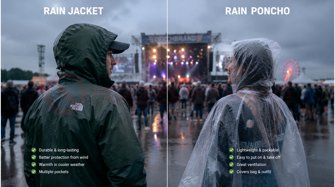 Vergleich zwischen Regenjacke und transparentem Regenponcho bei einem verregneten Musikfestival.