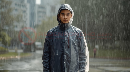Person steht im Regen und trägt eine graue Regenjacke – Vergleich zwischen Regenjacke und transparentem Regenponcho für Blogartikel auf Regenponcho.com.