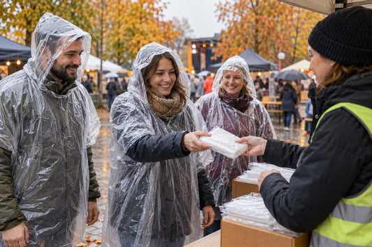 Besucher in transparenten Regenponchos erhalten einen Poncho bei einer Herbstveranstaltung.