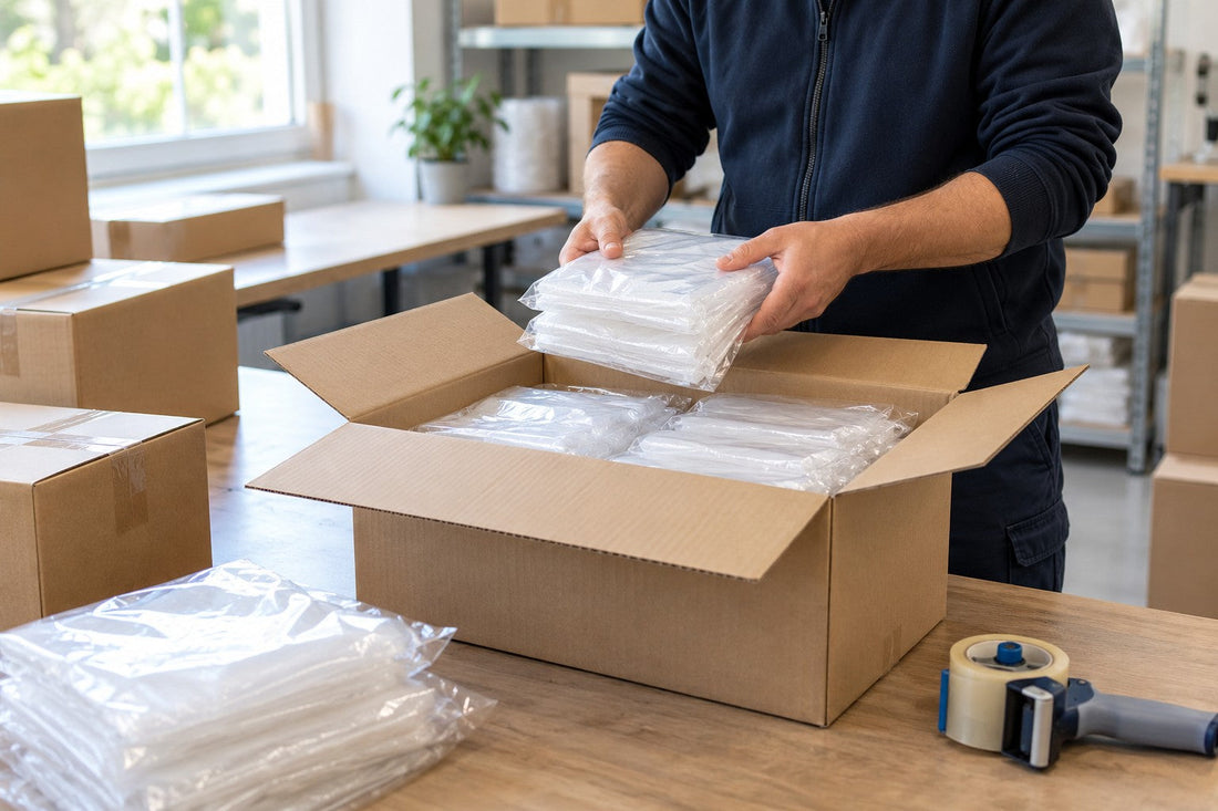 Eine Person legt verpackte transparente Regenponchos in einen Versandkarton.