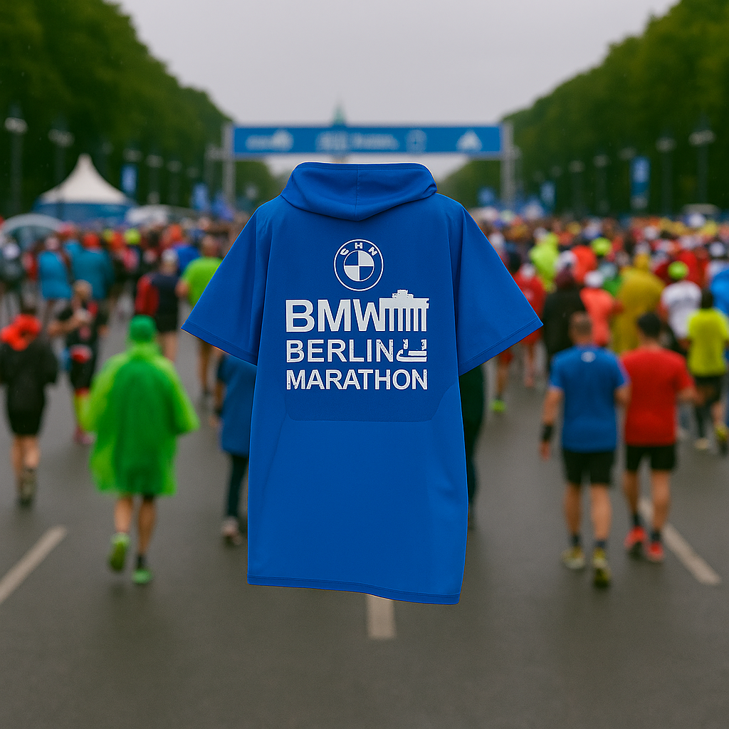 Ein blauer Regenponcho mit BMW Berlin Marathon Logo wird vor dem Hintergrund des Marathons in Berlin gezeigt. Im Hintergrund laufen zahlreiche Teilnehmer in farbenfroher Sportkleidung über die Straße Richtung Ziellinie unter grauem Himmel.