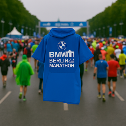 Ein blauer Regenponcho mit BMW Berlin Marathon Logo wird vor dem Hintergrund des Marathons in Berlin gezeigt. Im Hintergrund laufen zahlreiche Teilnehmer in farbenfroher Sportkleidung über die Straße Richtung Ziellinie unter grauem Himmel.