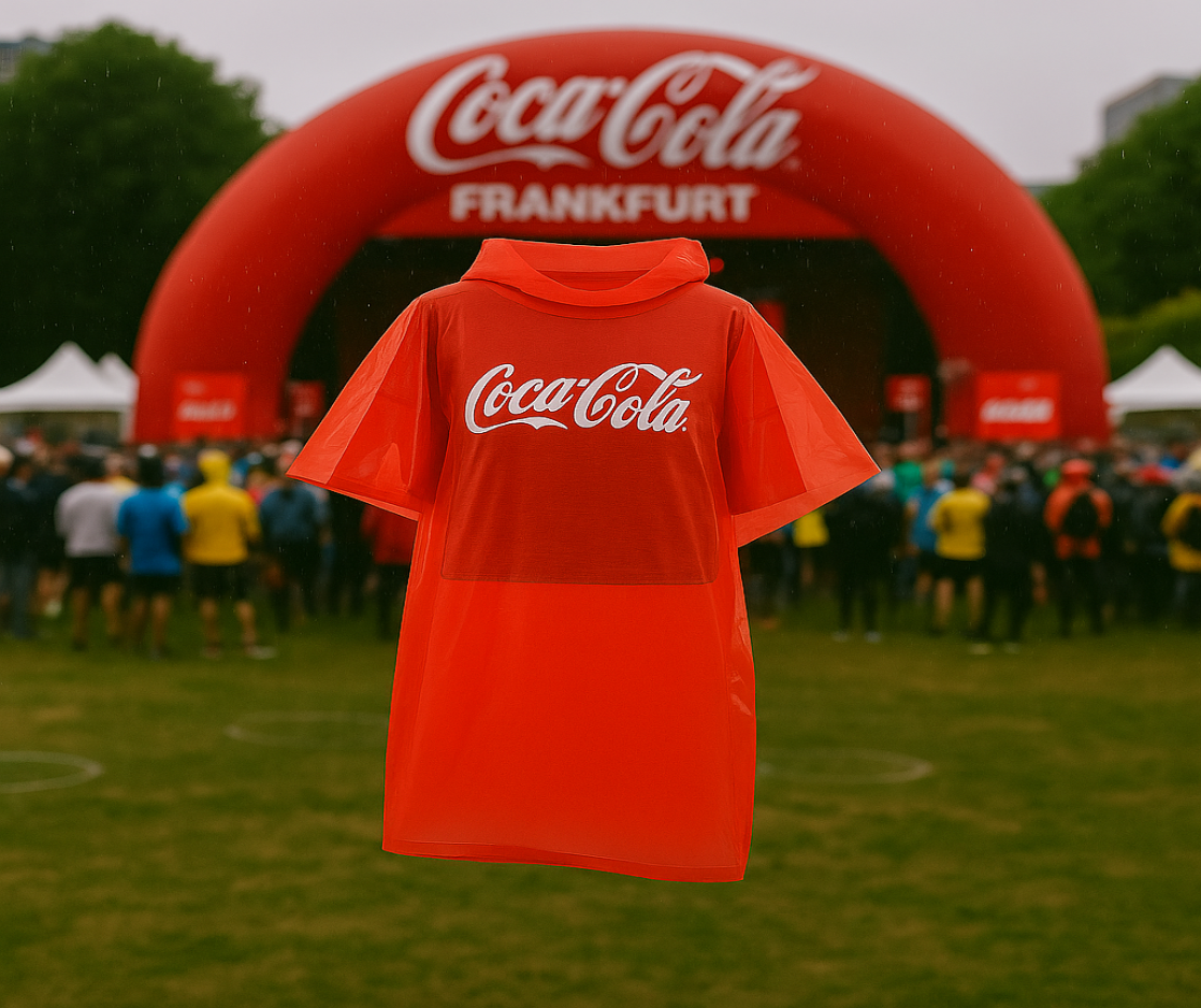 Ein transparenter roter Regenponcho mit Coca-Cola-Logo vor dem Hintergrund eines Coca-Cola-Events in Frankfurt. Im Bild zu sehen ist ein roter Eventbogen mit Aufschrift „Coca-Cola Frankfurt“, zahlreiche Besucher und regnerisches Wetter.