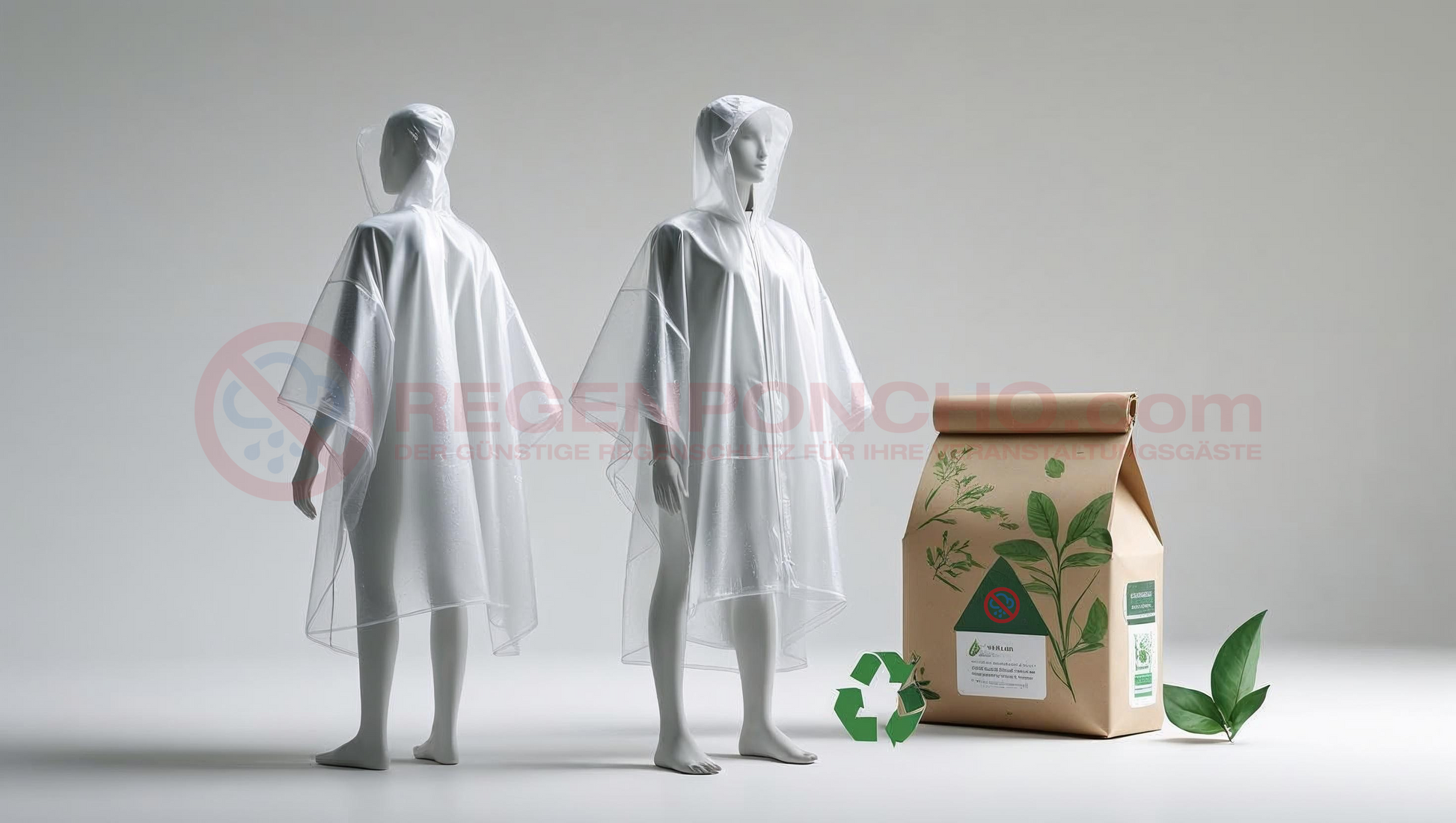 Two mannequins wearing eco-friendly transparent rain ponchos with biodegradable packaging featuring green leaf design and recycling symbol, on a neutral background – promoting sustainable rain protection by Regenponcho.com