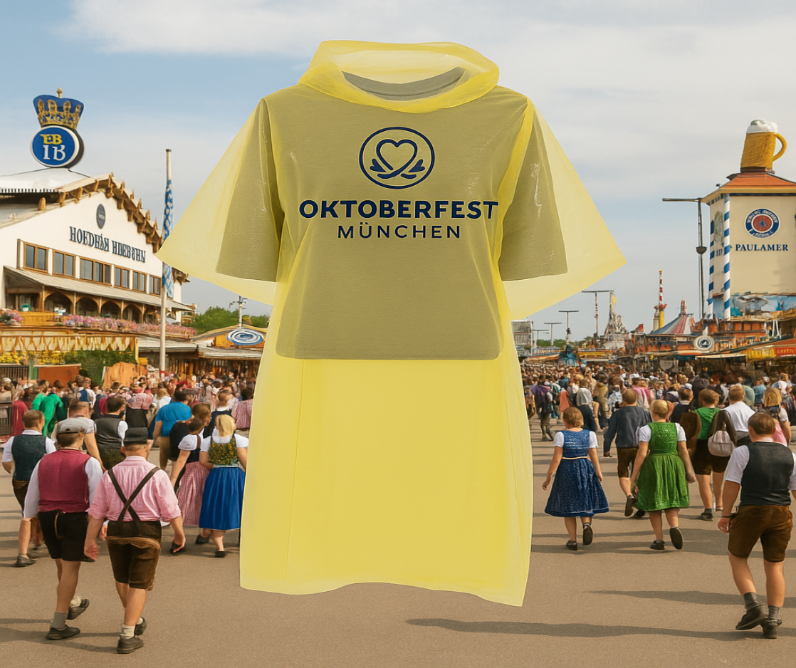 Ein transparenter gelber Regenponcho mit Oktoberfest München Logo wird auf dem Oktoberfest-Gelände präsentiert. Im Hintergrund sind Besucher in Tracht, Bierzelte wie Hofbräu und Paulaner sowie ein lebhaftes Festambiente bei Tageslicht zu sehen.

