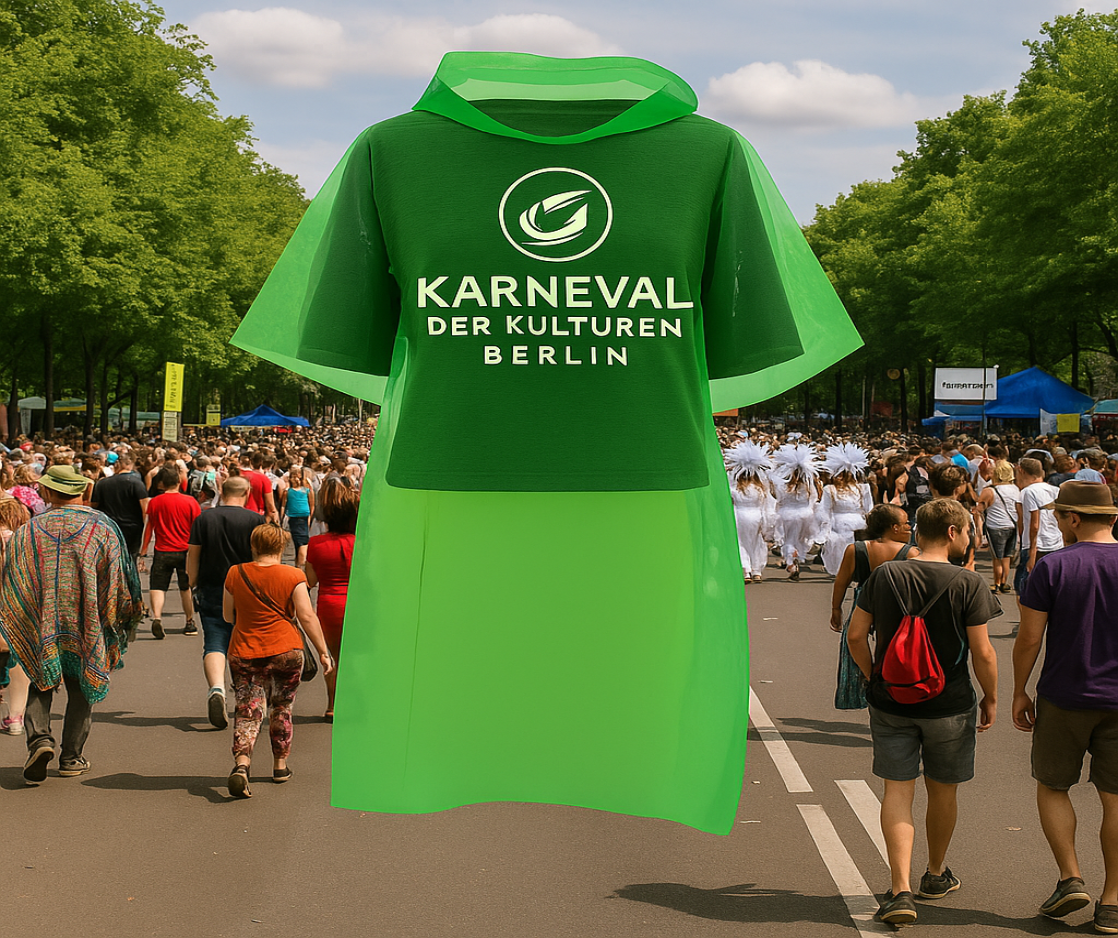 Ein transparenter grüner Regenponcho mit weißem „Karneval der Kulturen Berlin“-Logo, präsentiert auf einer belebten Straße während des Straßenfestes. Im Hintergrund feiert eine bunte Menschenmenge das multikulturelle Event unter sonnigem Himmel.