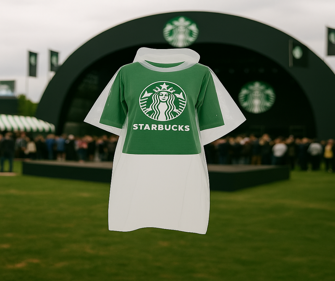 Ein transparenter Regenponcho mit grünem Starbucks-Shirt und Logo wird bei einem Starbucks-Event im Freien präsentiert. Im Hintergrund stehen Besucher vor einer großen Bühne mit Starbucks-Branding und Zelten auf einer Wiese.