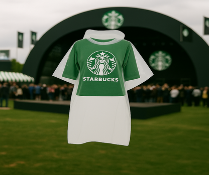 Ein transparenter Regenponcho mit grünem Starbucks-Shirt und Logo wird bei einem Starbucks-Event im Freien präsentiert. Im Hintergrund stehen Besucher vor einer großen Bühne mit Starbucks-Branding und Zelten auf einer Wiese.