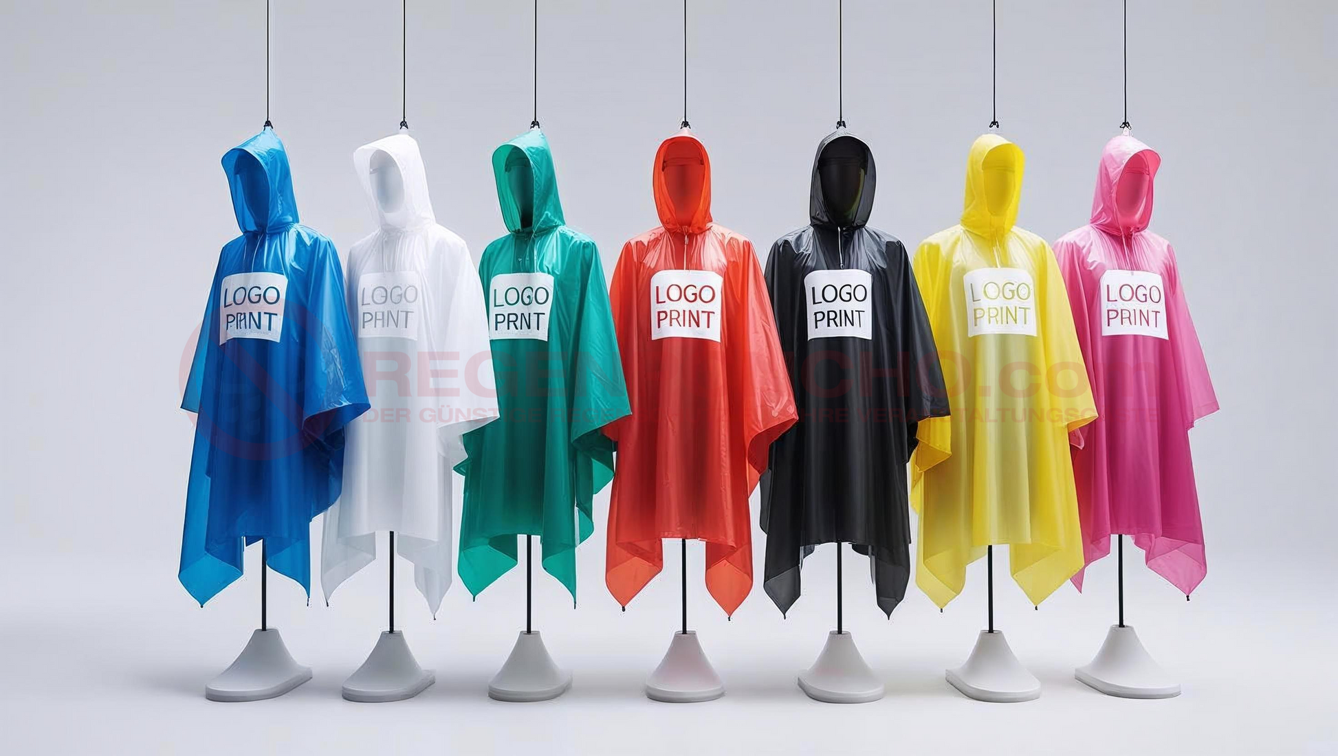 Sieben farbige Einweg-Regenponchos (blau, weiß, grün, rot, schwarz, gelb, pink) aus transparenter Folie mit sichtbarem Logoaufdruck auf der Brust. Präsentiert auf Schaufensterpuppen in einer Studio-Umgebung, ideal für Werbezwecke und Großveranstaltungen.