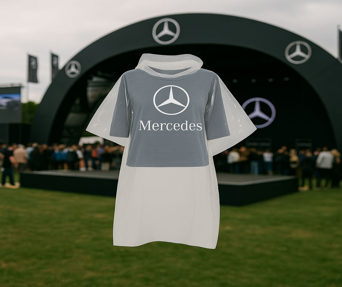 Ein transparenter Regenponcho über einem grauen Shirt mit Mercedes-Logo, präsentiert bei einem Outdoor-Mercedes-Event vor einer schwarzen Bühne mit Mercedes-Benz Symbolen und Publikum im Hintergrund.