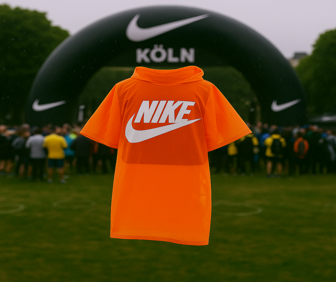 Ein leuchtend orangefarbener Regenponcho mit Nike-Logo wird bei einem Outdoor-Event in Köln präsentiert. Im Hintergrund ist ein schwarzer Nike-Bogen mit dem Schriftzug „Köln“ sowie eine Menschenmenge auf einer regennassen Wiese zu sehen.