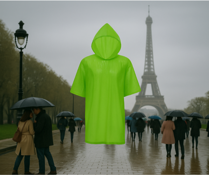 Grüner transparenter Regenponcho schwebend vor dem Eiffelturm an einem regnerischen Tag in Paris – mit Paaren unter Regenschirmen im Hintergrund