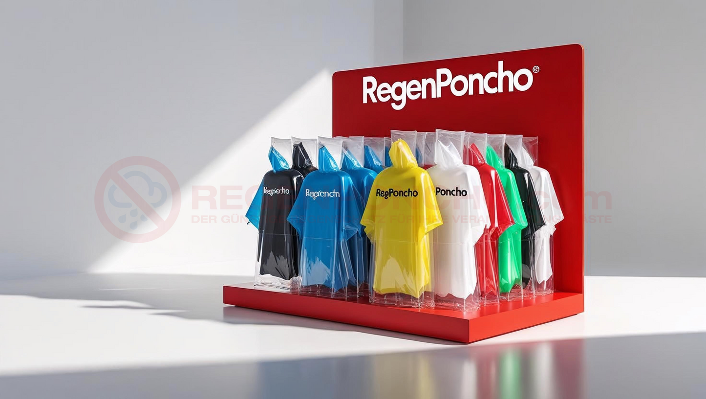 Retail display stand with packaged RegenPonchos in various colors including black, blue, yellow, white, red, and green – arranged neatly under a red branded header in a bright studio setting