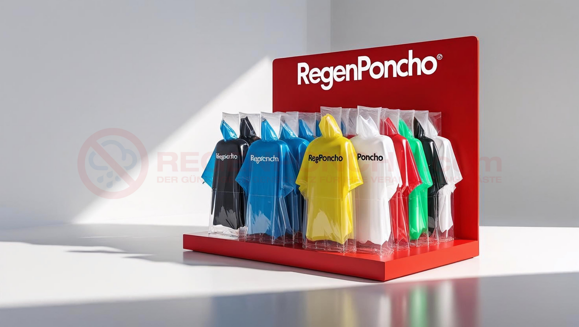 Retail display stand with packaged RegenPonchos in various colors including black, blue, yellow, white, red, and green – arranged neatly under a red branded header in a bright studio setting