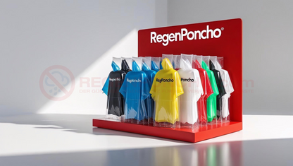 Retail display stand with packaged RegenPonchos in various colors including black, blue, yellow, white, red, and green – arranged neatly under a red branded header in a bright studio setting