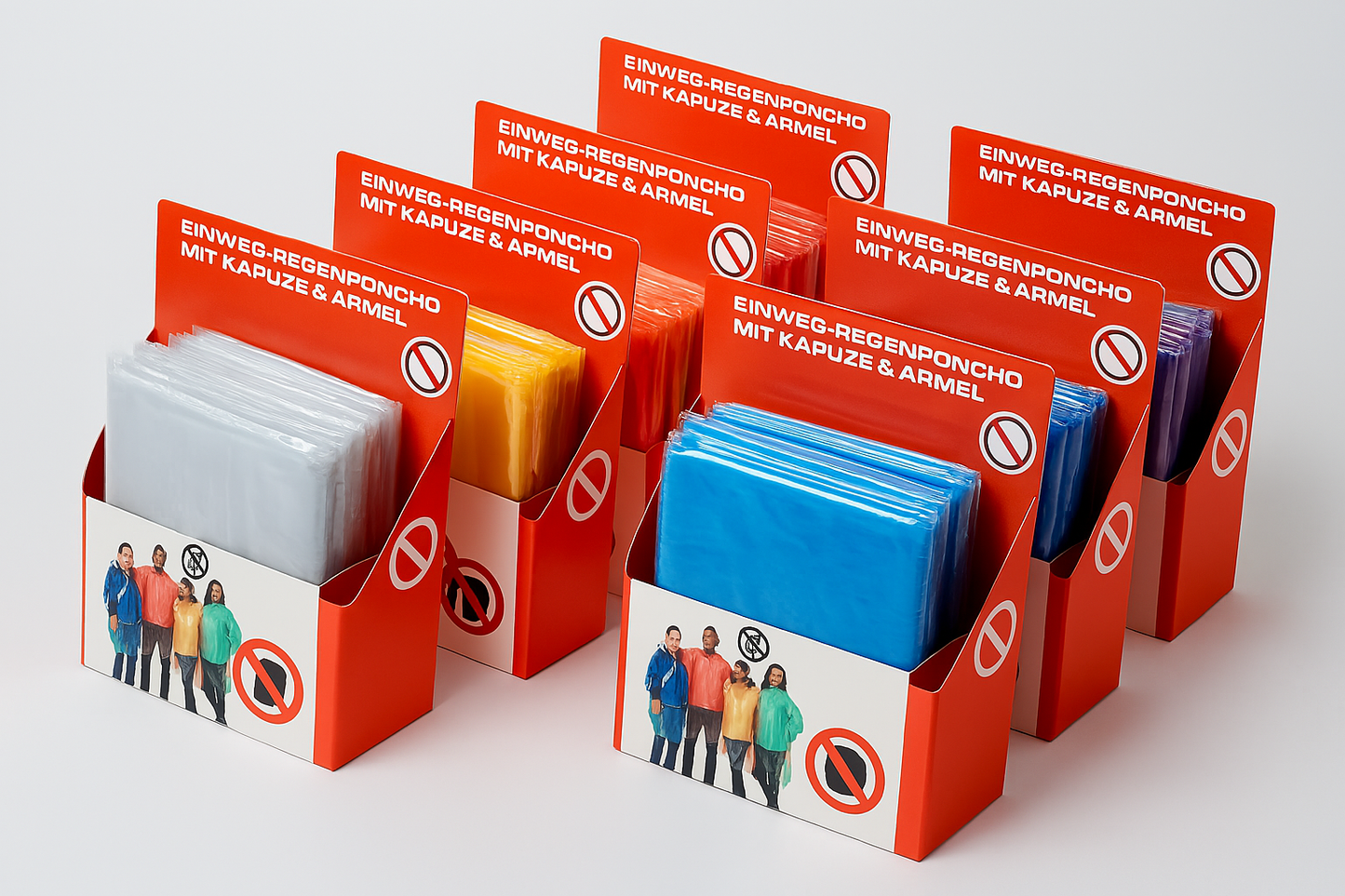 Mehrere Verkaufsdisplays mit Einweg-Regenponchos in verschiedenen Farben – Weiß, Gelb, Grün, Blau, Rot und Lila – mit roter Umverpackung und Werbemotiv vorne.