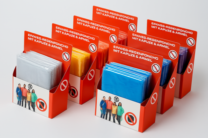 Mehrere Verkaufsdisplays mit Einweg-Regenponchos in verschiedenen Farben – Weiß, Gelb, Grün, Blau, Rot und Lila – mit roter Umverpackung und Werbemotiv vorne.