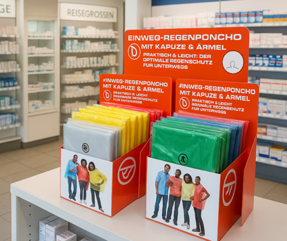 Zwei Verkaufsdisplays mit Einweg-Regenponchos in verschiedenen Farben (Grau, Gelb, Rot, Grün, Blau), platziert auf einem Tisch in einer Apotheke oder Drogerie mit Regalen im Hintergrund.