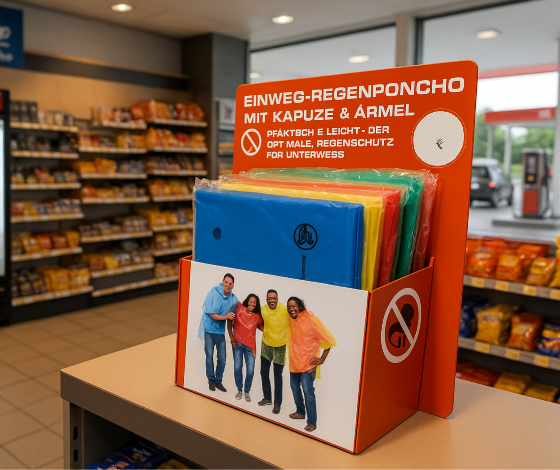 Nahaufnahme eines bunten Verkaufsdisplays mit Einweg-Regenponchos in Blau, Gelb, Rot und Grün – aufgestellt in einem Tankstellen-Shop neben Snackregalen und großen Fenstern mit Blick auf die Zapfsäulen.