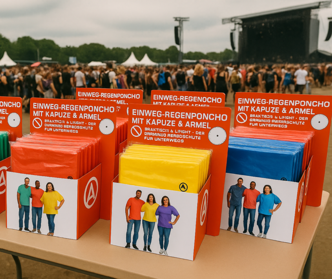 Ein Tisch mit mehreren Verkaufsdisplays voller Einweg-Regenponchos in verschiedenen Farben (Grün, Rot, Gelb, Blau), aufgestellt auf einem Festivalgelände mit Bühne und Menschenmenge im Hintergrund. Ideal für wetterfeste Events.