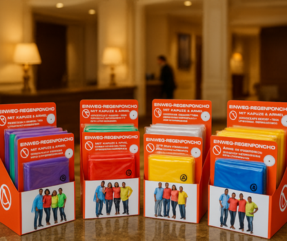 Ein Tisch mit mehreren Verkaufsdisplays für Einweg-Regenponchos in Farben wie Lila, Grün, Rot, Weiß, Gelb und Blau, aufgestellt in einer eleganten Hotellobby mit stilvollem Ambiente und warmem Licht. Ideal für wettergerechte Gästebetreuung.