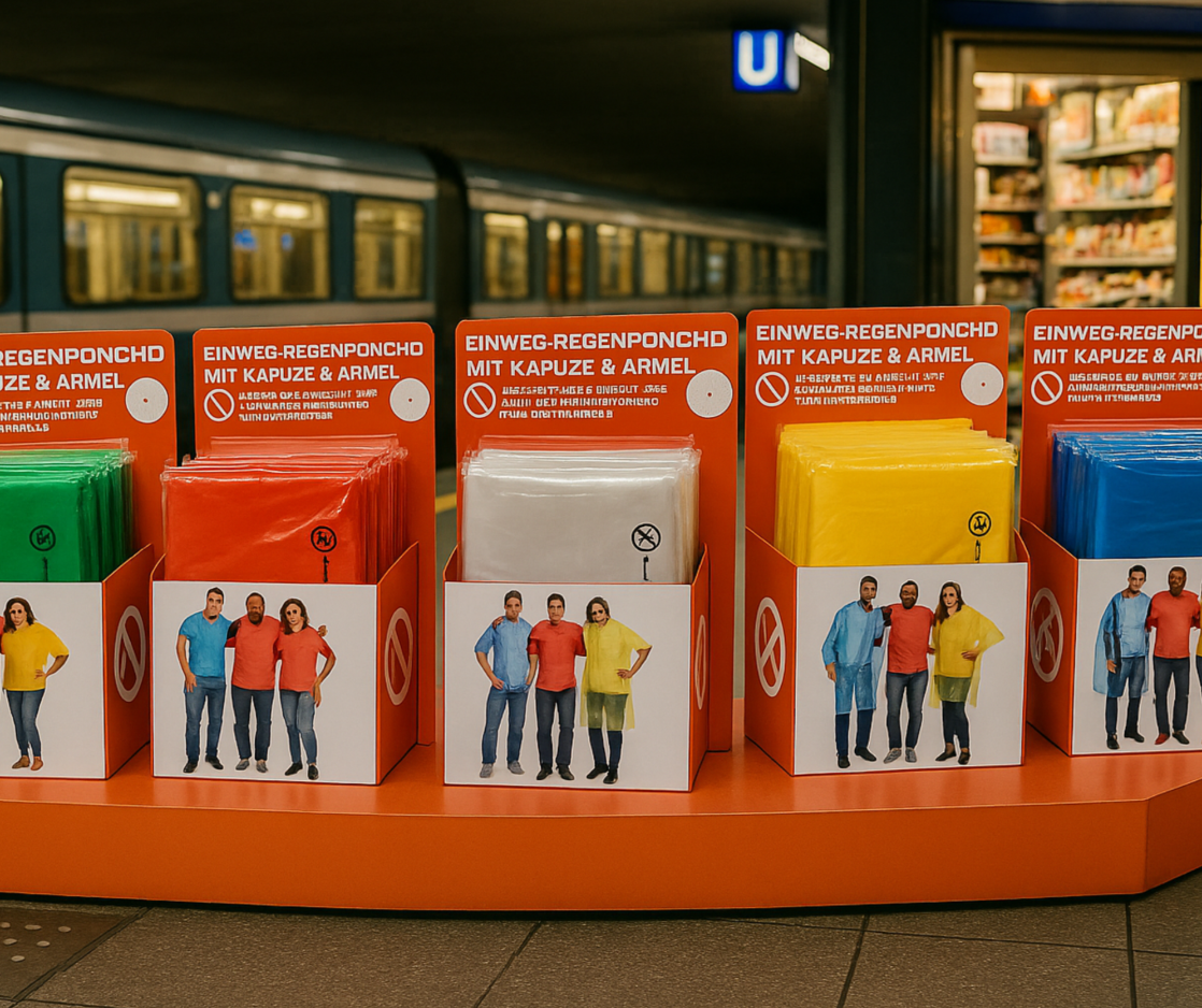 Verkaufsdisplays mit Einweg-Regenponchos in verschiedenen Farben (Grün, Rot, Weiß, Gelb, Blau) aufgestellt in einer U-Bahn-Station, im Vordergrund auf einem orangen Tisch, im Hintergrund ein einfahrender Zug und ein Shop mit Snacks.