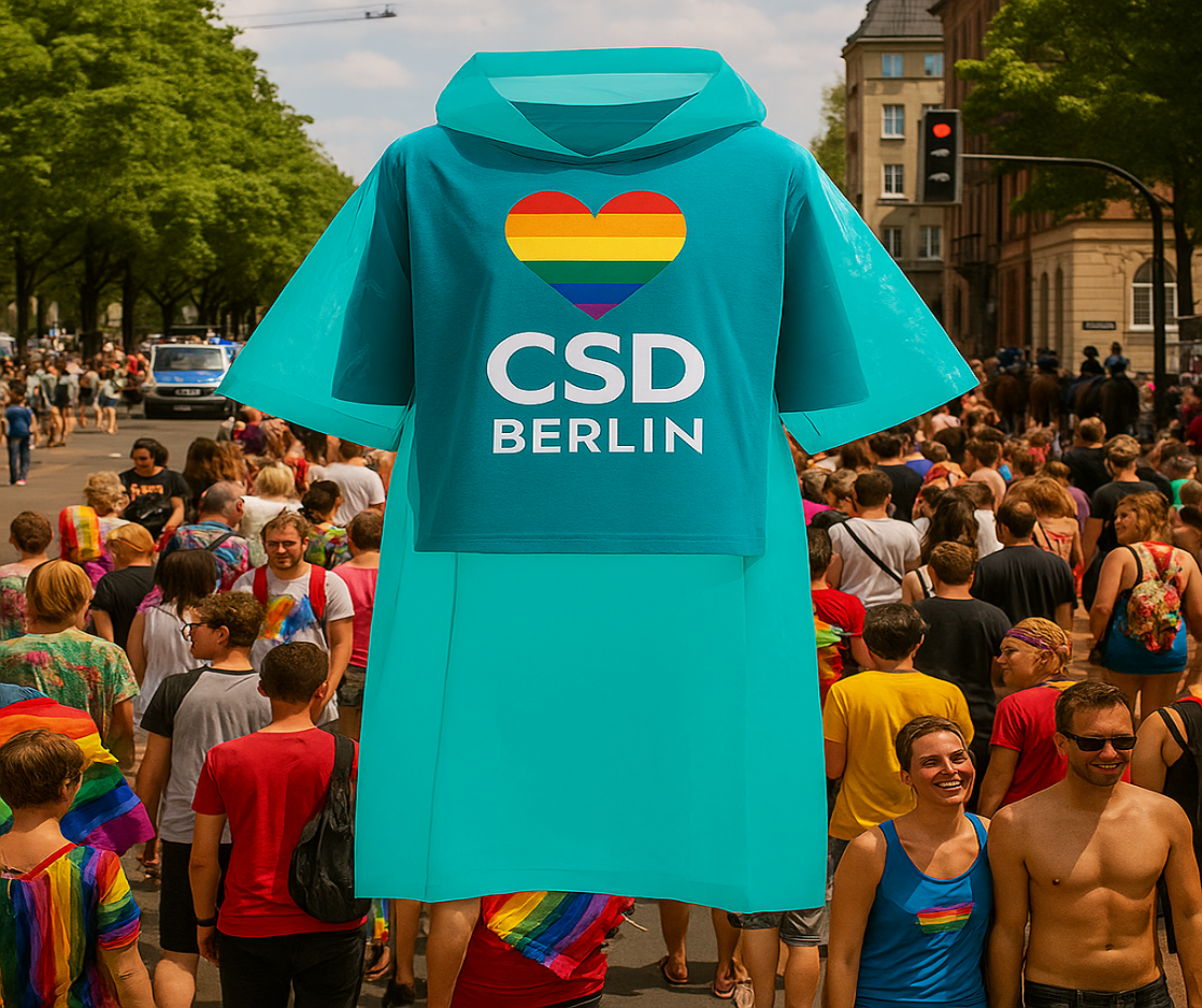 Ein türkisfarbener Regenponcho mit CSD Berlin Logo und Regenbogen-Herz wird bei der Christopher Street Day Parade in Berlin präsentiert. Im Hintergrund feiern zahlreiche Menschen in bunter Kleidung auf einer belebten Straße unter blauem Himmel.