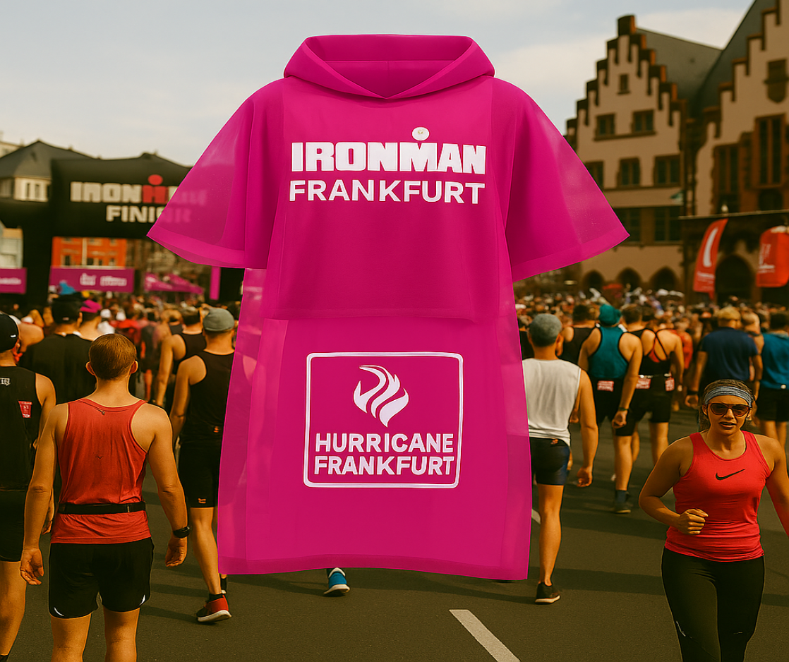 Ein transparenter magentafarbener Regenponcho mit Ironman Frankfurt Logo wird vor dem Zielbereich des Ironman Frankfurt präsentiert. Im Hintergrund laufen Sportler durch die Innenstadt mit Blick auf historische Gebäude und das Event-Arch.