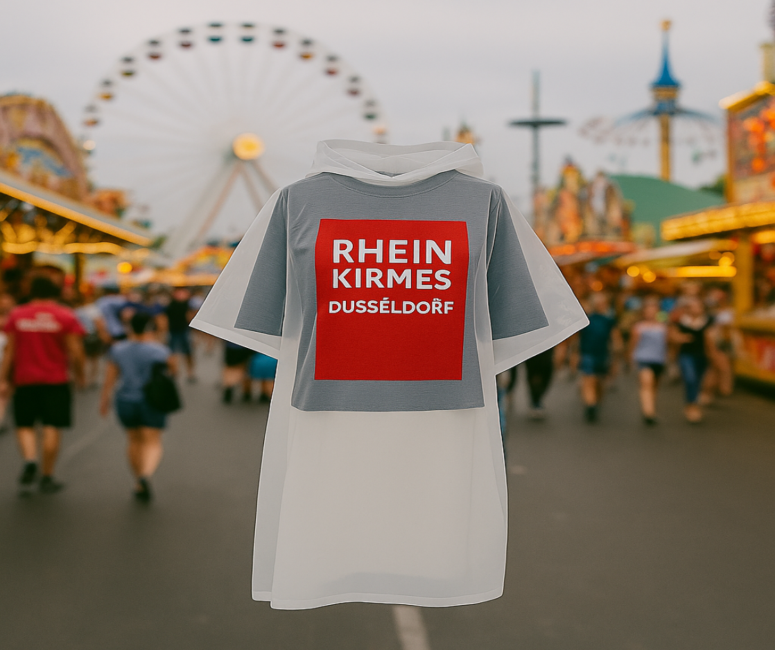 Ein transparenter Regenponcho mit grauem T-Shirt und rotem „Rheinkirmes Düsseldorf“-Logo, getragen auf einem belebten Festplatz. Im Hintergrund sieht man ein Riesenrad, Fahrgeschäfte und Besucher bei bewölktem Himmel auf dem größten Kirmesfest am Rhein.








