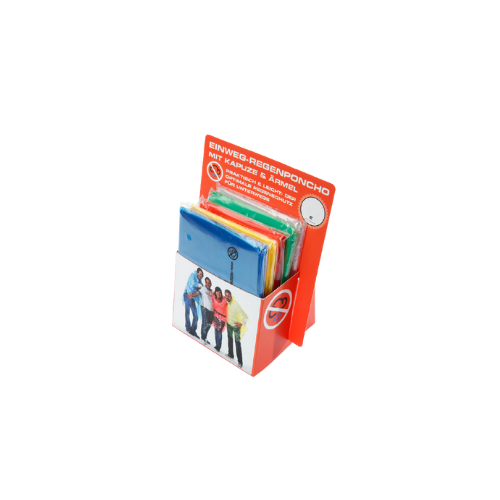Verkaufsdisplay für Regenponchos ab 2,50 € – POS Display für Events & Handel