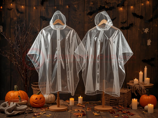 Transparent BIO rain ponchos displayed on mannequins with Halloween decoration, pumpkins, candles, and autumn leaves – eco-friendly disposable ponchos for festivals and outdoor events.