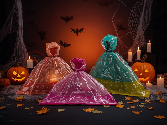 Halloween-themed product photo of colorful disposable rain ponchos with custom logo print, displayed on mannequins in orange, pink, and green. Surrounded by glowing pumpkins, jack-o'-lanterns, candles, spider webs, and bats with autumn leaves on the floor. Professional studio photography with sharp details and spooky seasonal atmosphere.