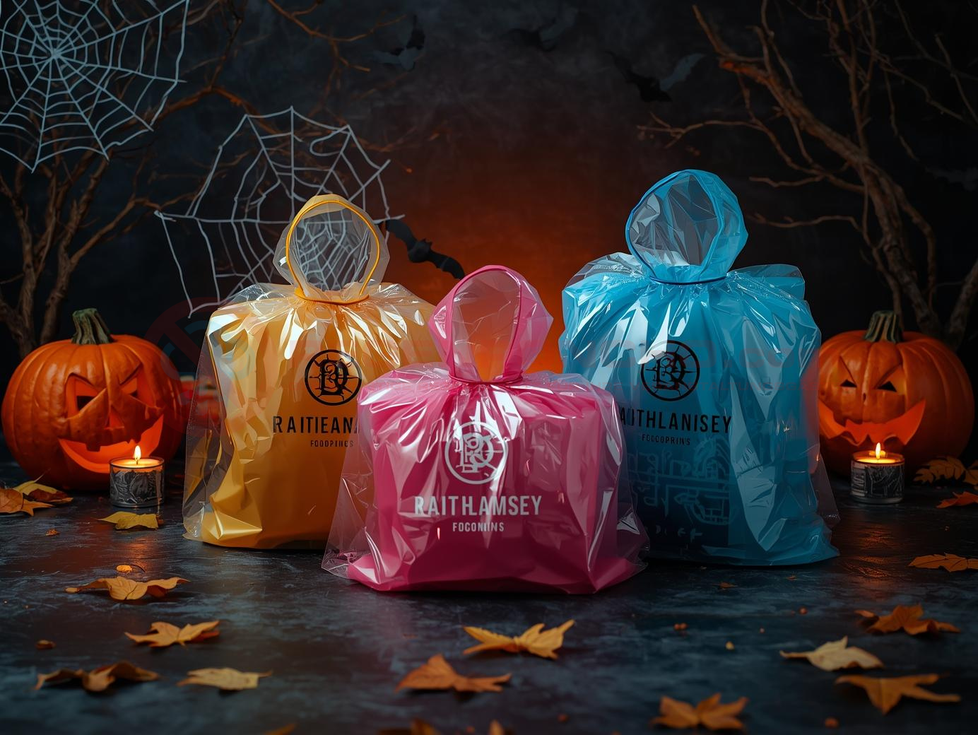 Halloween-themed display of colorful custom logo rain ponchos in yellow, pink, and blue. Surrounded by carved pumpkins, glowing jack-o'-lanterns, candles, spider webs, and autumn leaves on the ground. Professional studio shot with spooky seasonal atmosphere, ideal for promotions and events.