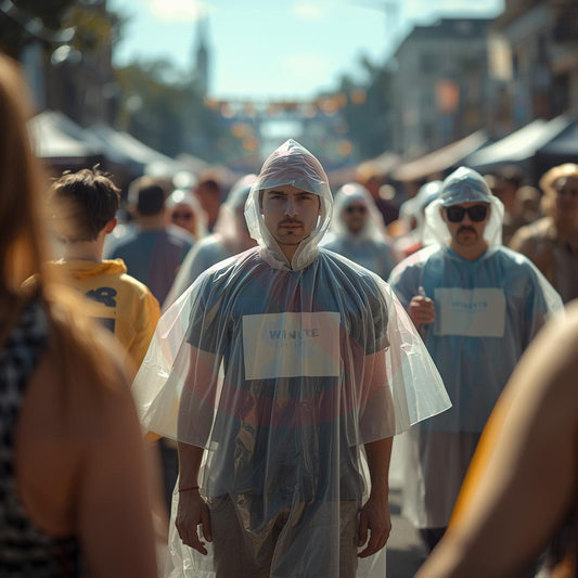 Transparenter Einweg Regenponcho bei einem Outdoor-Event – zuverlässiger Regenschutz für Festivals und Veranstaltungen in Deutschland