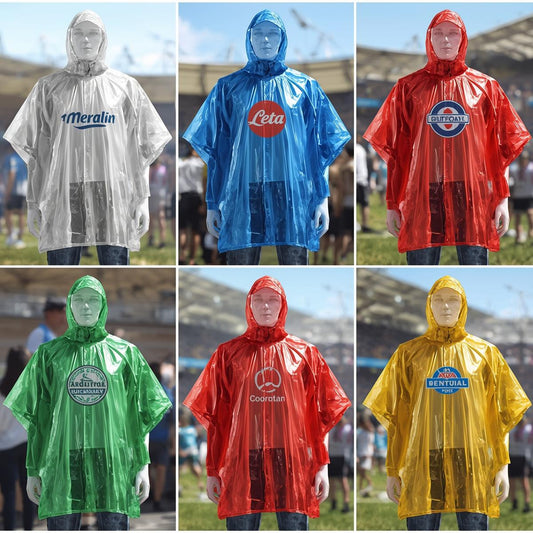 Bedruckte Einweg-Regenponchos in verschiedenen transparenten Farben für Festivals, Events und Werbung. Nachhaltige und günstige Regenponchos aus Deutschland – ideal für Firmen und Großhandel.