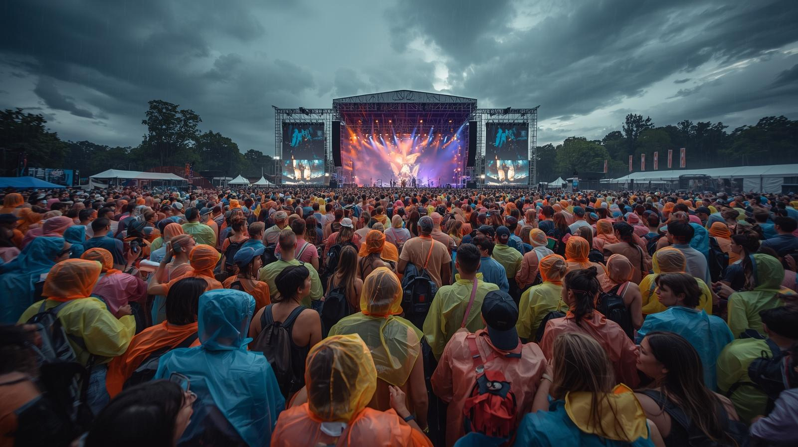 Menschen auf einem Open-Air-Festival in Deutschland tragen bunte Einweg-Regenponchos im Regen – Festival Regenponcho für Events und Konzerte.
