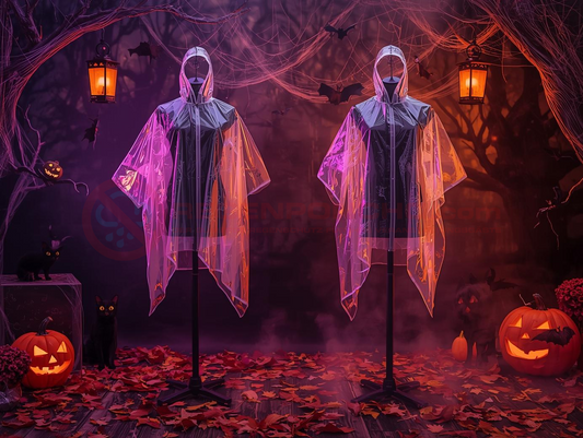 Zwei transparente, wiederverwendbare PVC-Regenponchos auf Schaufensterpuppen in einer gruseligen Halloween-Szene. Hintergrund mit leuchtenden Kürbissen, geschnitzten Jack-o'-Lanterns, Spinnweben, schwarzer Katze, Laternenlichtern und Herbstlaub. Dramatische orange- und lilafarbene Beleuchtung schafft eine mystische Feststimmung.