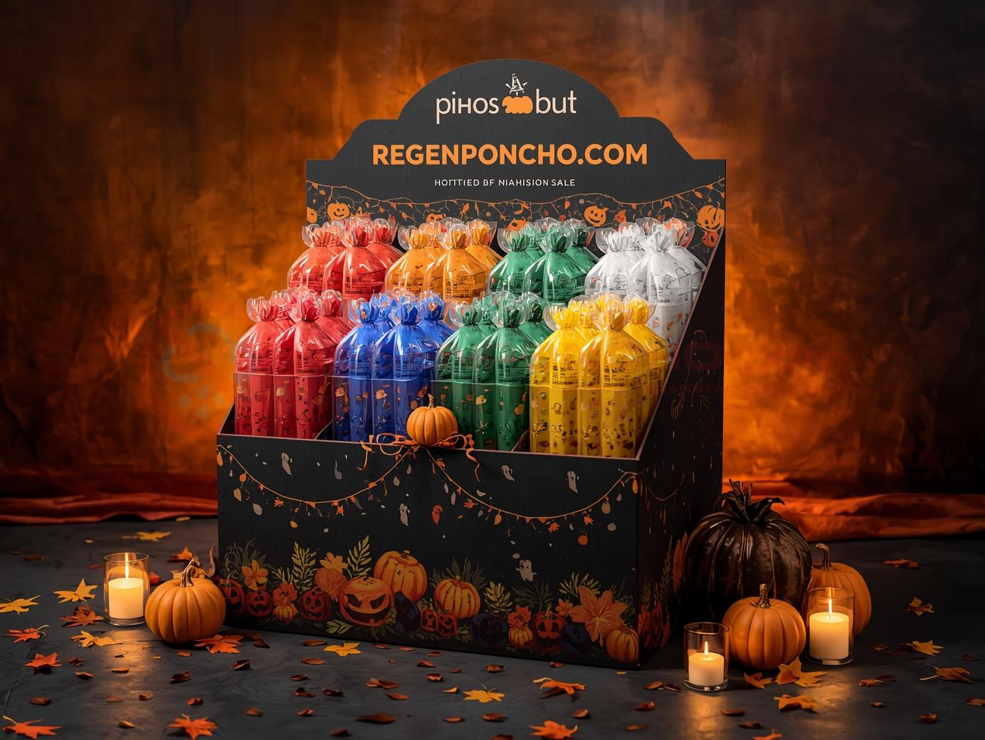 Halloween themed POS display with colorful disposable rain ponchos in red, blue, green, yellow and white. Surrounded by pumpkins, candles and autumn leaves – perfect seasonal retail and event decoration.