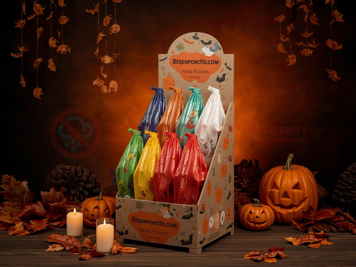 Halloween themed POS display with colorful disposable rain ponchos in red, blue, green, yellow and white. Surrounded by carved pumpkins, candles, pine cones and autumn leaves – ideal for festive retail and event decoration.