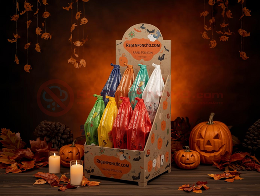 Halloween themed POS display with colorful disposable rain ponchos in red, blue, green, yellow and white. Surrounded by carved pumpkins, candles, pine cones and autumn leaves – ideal for festive retail and event decoration.