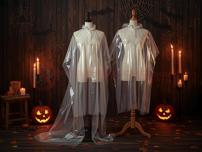 Zwei transparente PVC-Regenponchos auf Schaufensterpuppen in einem Halloween-Setting. Dunkler Holzhintergrund mit Spinnweben, Kerzen, geschnitzten Kürbissen und herbstlichen Blättern. Wiederverwendbare Regenponchos für Events, Outdoor und Festivals – professionell präsentiert in stimmungsvoller Halloween-Deko.
