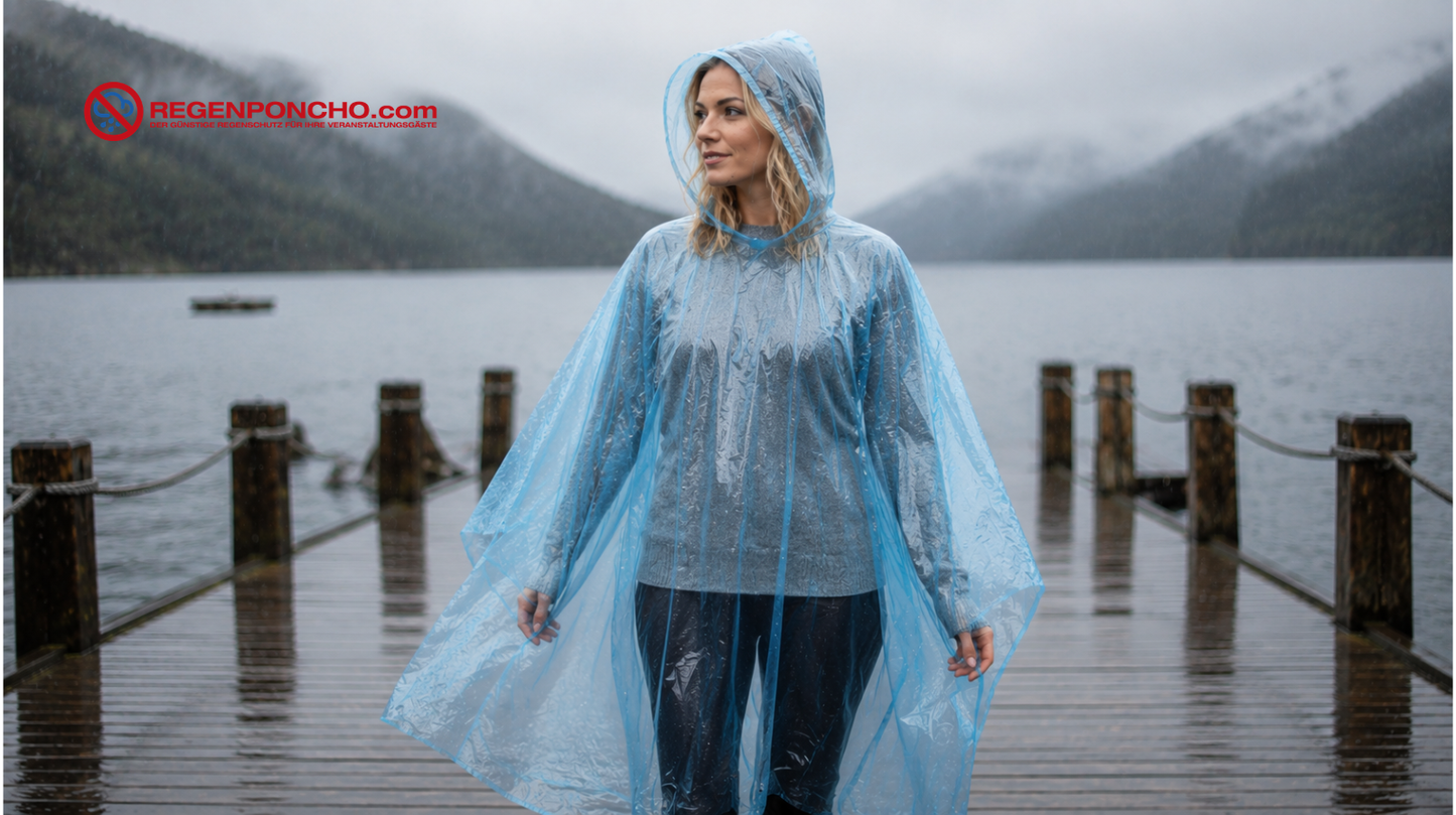 Frau mit blauem transparentem Regenponcho auf nassem Holzsteg bei Regen vor einem nebligen Bergsee.
