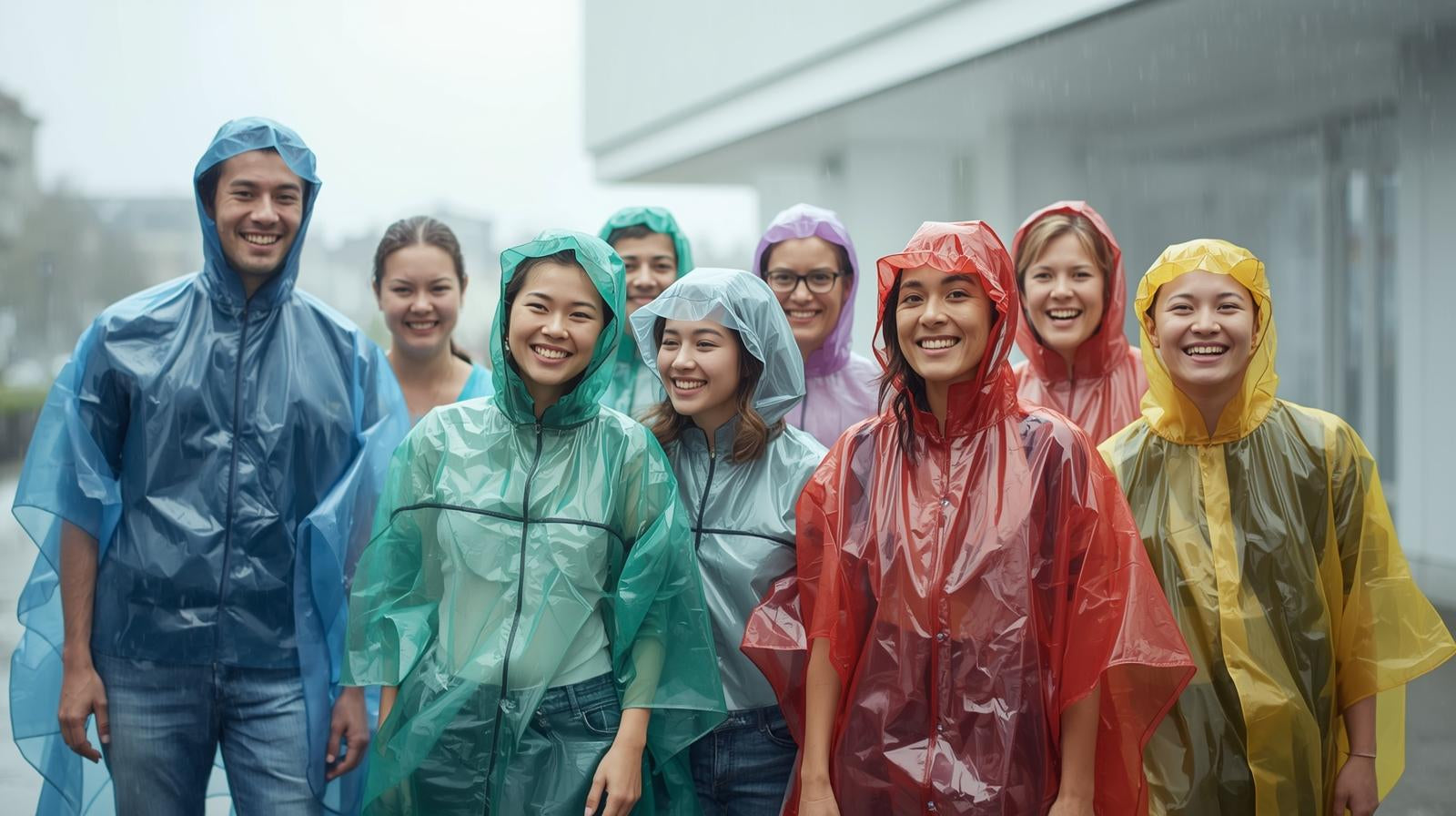 Menschen mit bunten Einweg-Regenponchos – ideal für Events, Kommunen & Vereine – Regenponcho Großhandel Deutschland