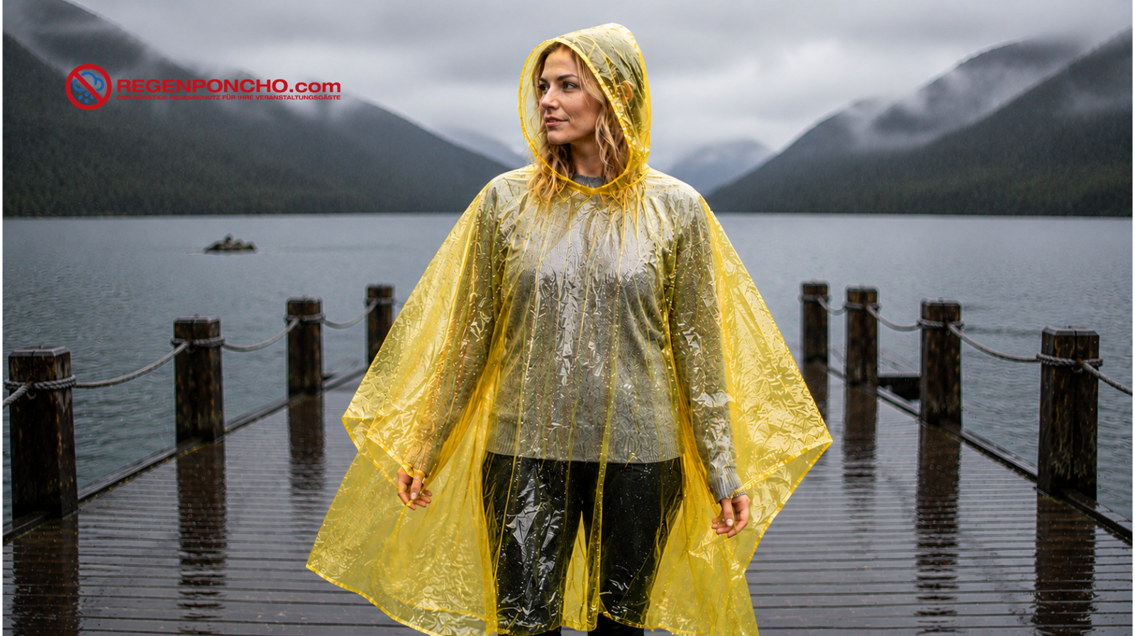 Frau mit gelbem transparentem Regenponcho auf einem nassen Holzsteg bei Regen und Nebel am Bergsee.