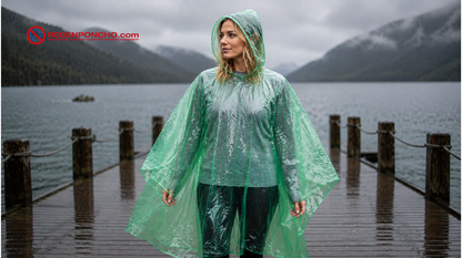 Frau mit grünem transparentem Regenponcho auf einem regnerischen Holzsteg vor Bergsee und Nebellandschaft.