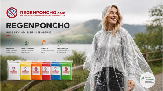 Regenponcho Produktbild mit Model im transparenten Poncho und Verpackungen in Clear, Gelb, Orange, Rot, Blau und Grün.