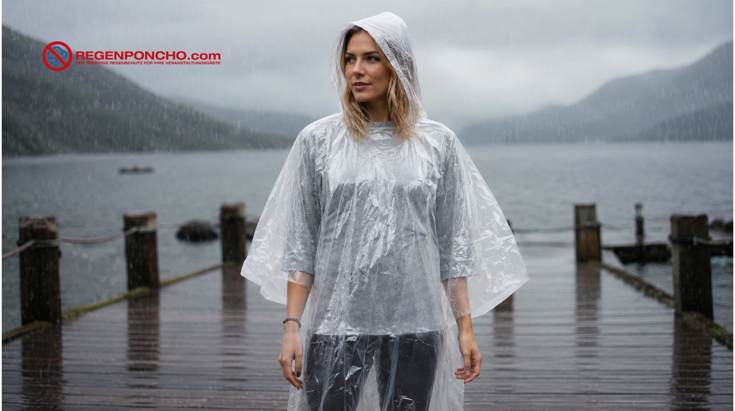 Frau mit transparentem Regenponcho auf einem regnerischen Holzsteg vor einem nebligen Bergsee.