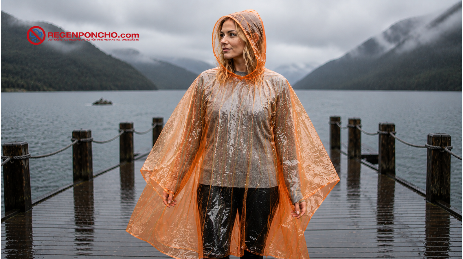 Frau mit orangem transparentem Regenponcho auf einem regnerischen Holzsteg vor Bergen und See.